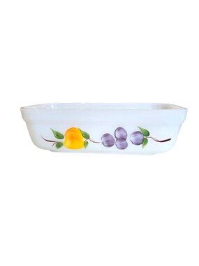 Vintage Anchor Hocking Fire King Ovenware Milk Glass Loaf Pan Hand-Painted